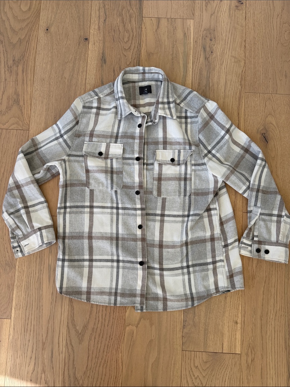 H&M Size XL Plaid Lightweight Shacket in Cream, Brown, and Gray